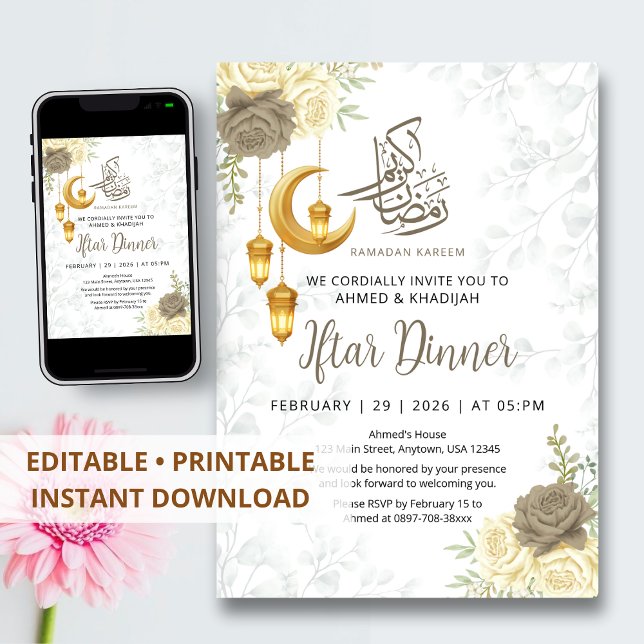 Invitación Cena de Iftar floral gris suave estética (Subido por el creador)