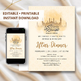 Invitación Cena de Iftar Geométrica Mezquita Silueta Dorada