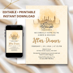 Invitación Cena de Iftar Geométrica Mezquita Silueta Dorada