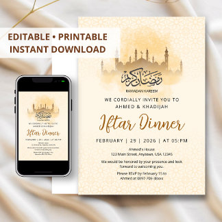 Invitación Cena de Iftar Geométrica Mezquita Silueta Dorada