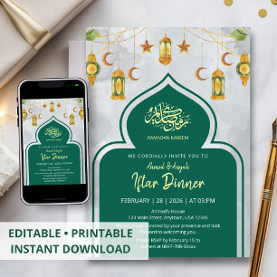 Invitación Cena de Iftar islámica clásica verde y dorada