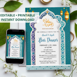 Invitación Cena de Iftar islámica de lujo azul real y dorado