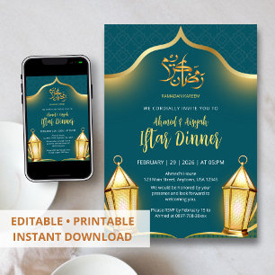 Invitación Cena de Iftar islámica elegante en azul turquesa y