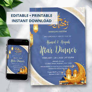 Invitación Cena de Iftar islámica elegante real azul y dorada