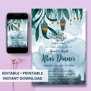 Invitación Cena de Iftar Mezquita Azul Acuarela y Linternas