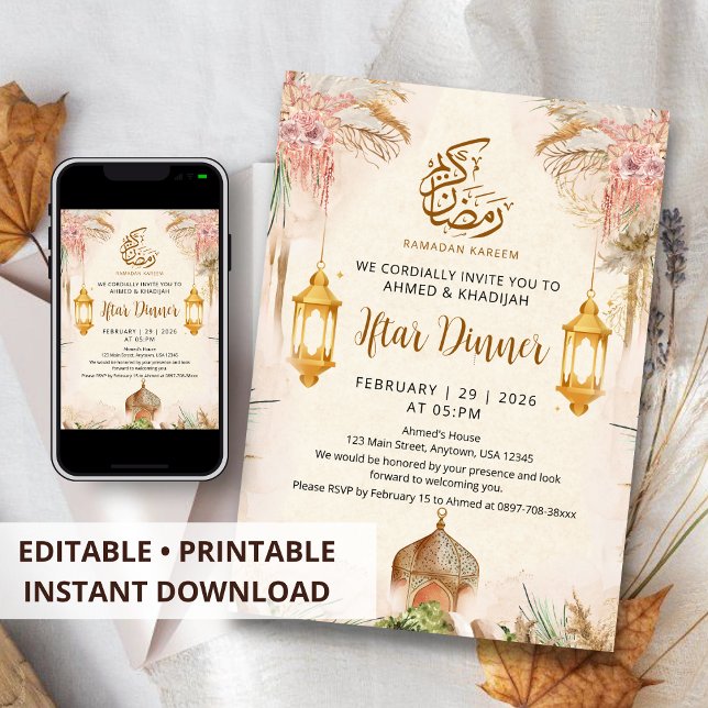 Invitación Cena de Iftar moderna boho con pampas y linterna d (Subido por el creador)