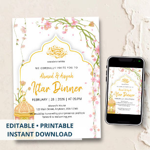 Invitación Cena de Iftar Rosa Floral Elegante y Dorada Ramada