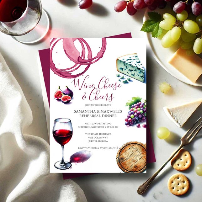Invitación Cena de Ilustracion de vino y queso (Rehearsal dinner invitations with watercolor wine and cheese charcuterie theme.)