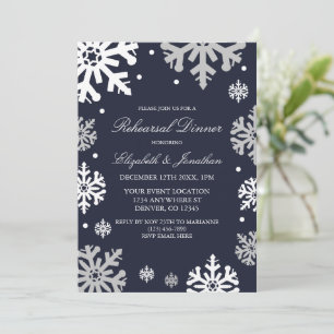 Invitación Cena de invierno con copos de nieve azul de la mar
