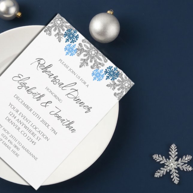 Invitación Cena de invierno con copos de nieve azul plateado (Subido por el creador)