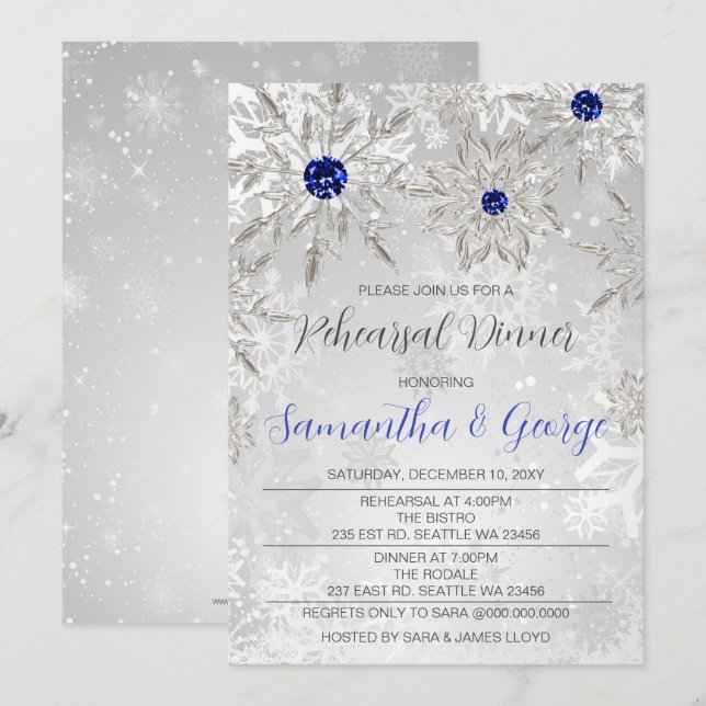 Invitación Cena de invierno con copos de nieve azul real (Anverso / Reverso)