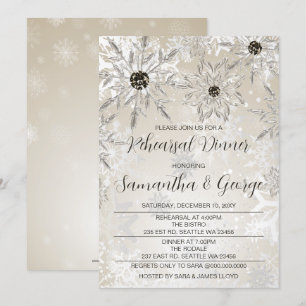 Invitación Cena de invierno con copos de nieve de oro platead