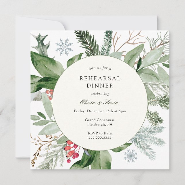 Invitación Cena de invierno con nieve y Boda evergreen (Anverso)