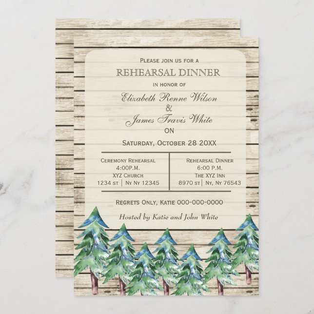 Invitación Cena de invierno de pinos de madera de grano (Anverso / Reverso)