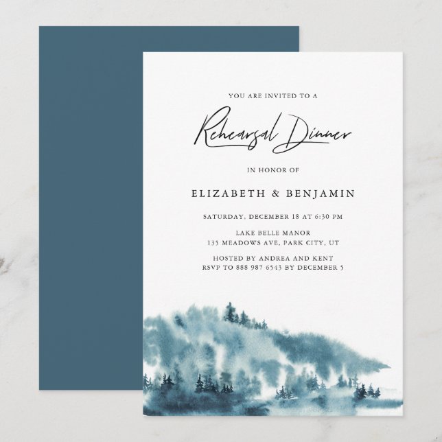 Invitación Cena de invierno de Watercolor Blue Forest (Anverso / Reverso)