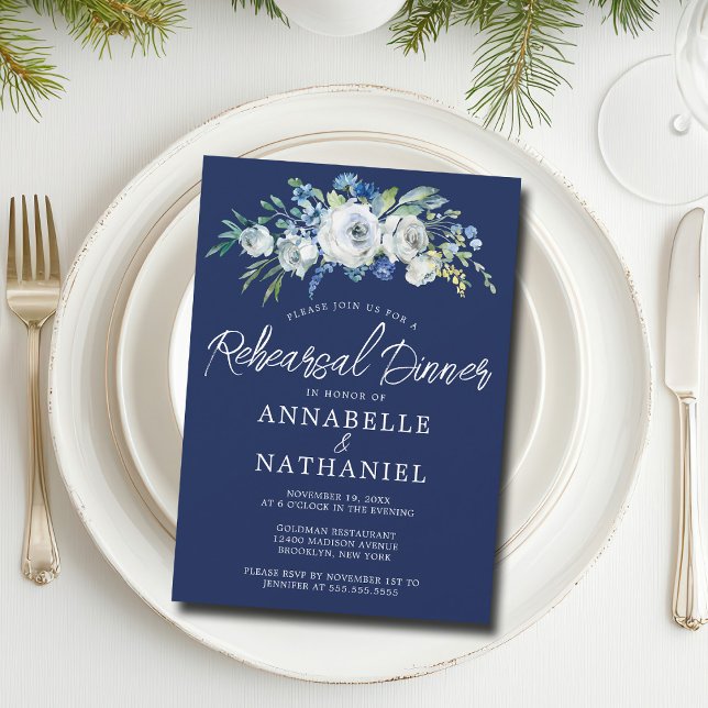 Invitación Cena de invierno elegante con flores azules de la  (Subido por el creador)