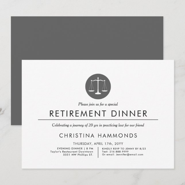 Invitación Cena de jubilación de abogados | Estilo mínimo (Anverso / Reverso)