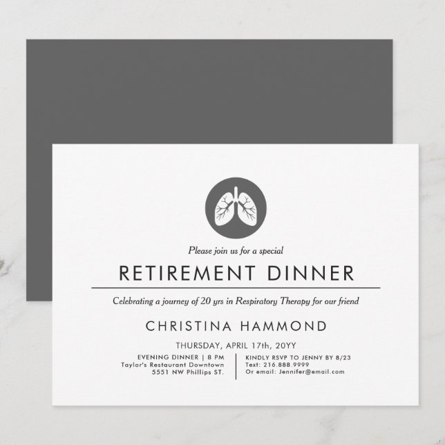 Invitación Cena de jubilación de pulmonología | Estilo mínimo (Anverso / Reverso)