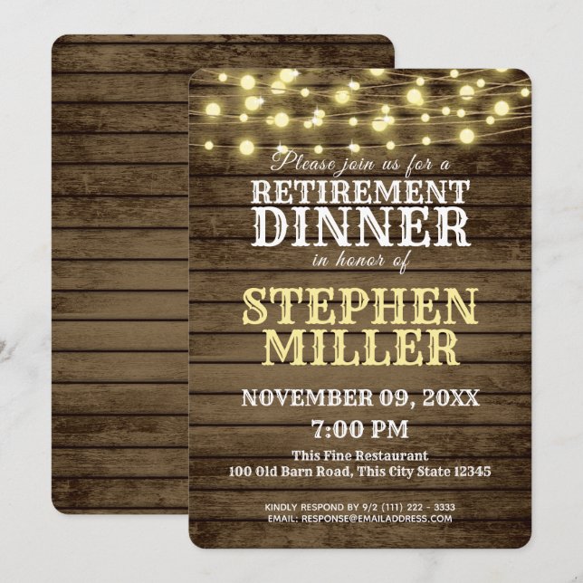Invitación Cena de Jubilación Occidental de Madera y Luces (Anverso / Reverso)