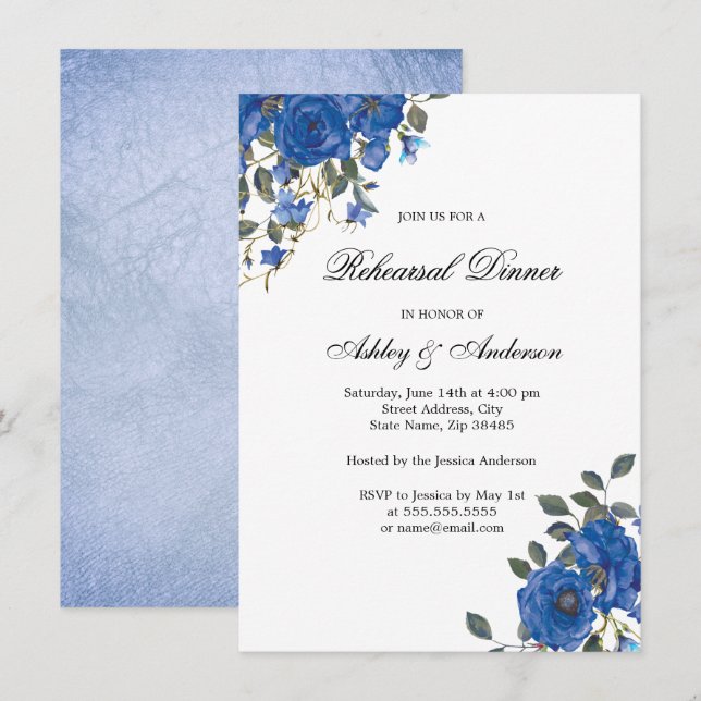 Invitación Cena de la cena con flores azules de la noche del  (Anverso / Reverso)