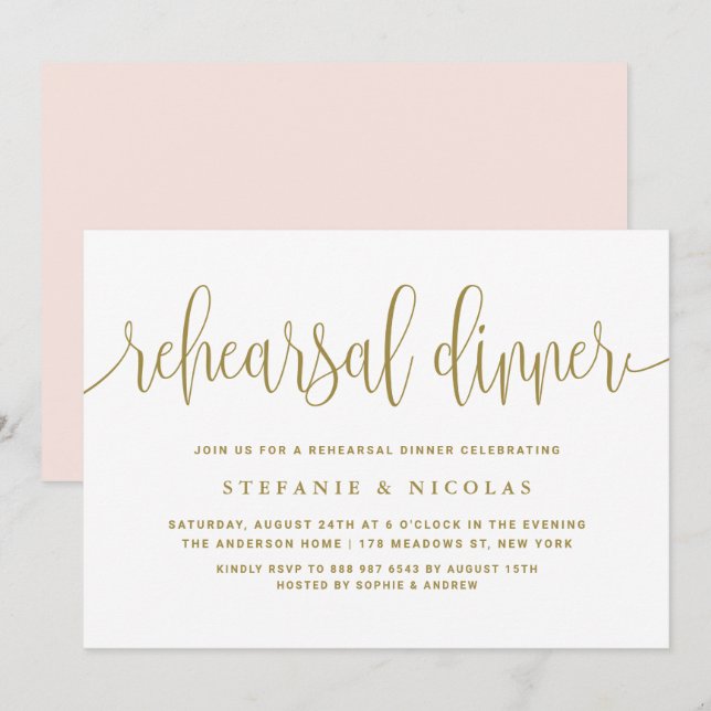 Invitación Cena de la cena con una caligrafía bonita de oro (Anverso / Reverso)