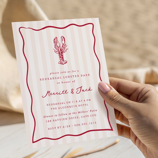 Invitación Cena de la cena de la crema de bogavante de doodle (Coastal lobster rehearsal dinner invitations)