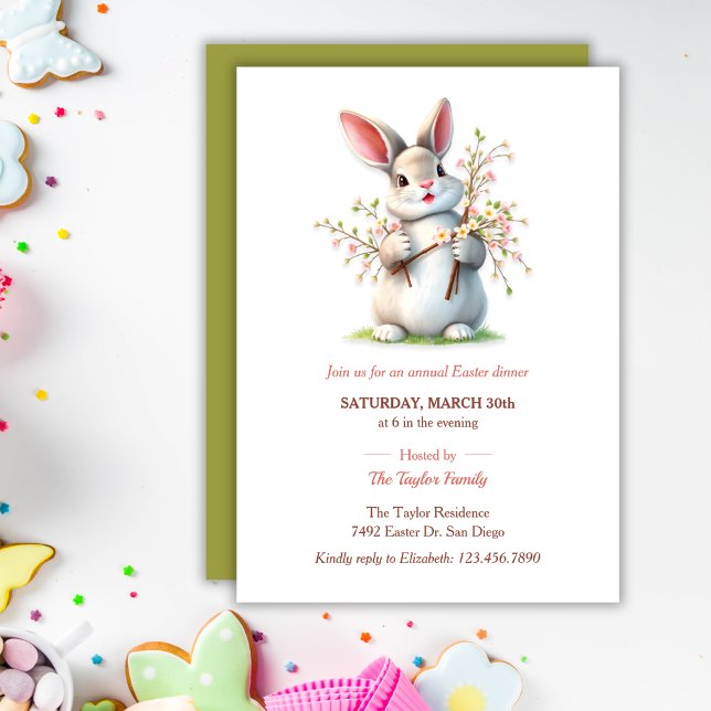 Invitación Cena de la familia del conejo pastel de Pascua (Easter Bunny Pastel Cute Family Dinner Invitation)