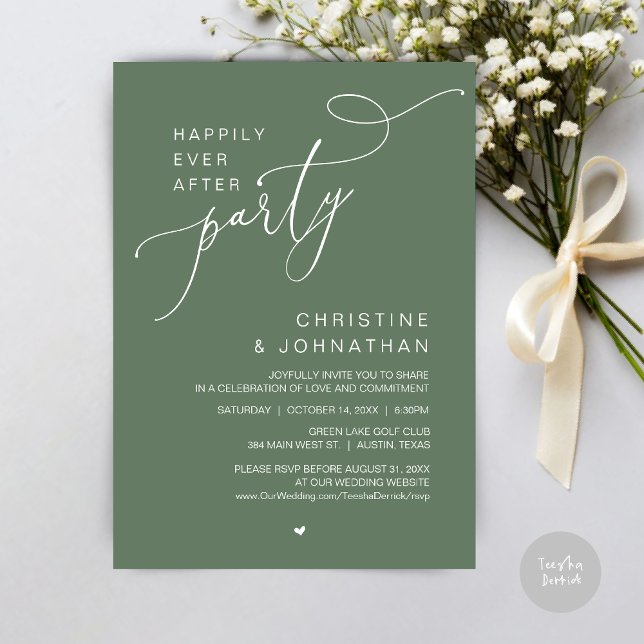 Invitación Cena de la fiesta de bodas Bailando felices para s (Happily Ever After Wedding Party Romantic Dinner Dancing Invitation Card, PDF, in Forest Sage Green)