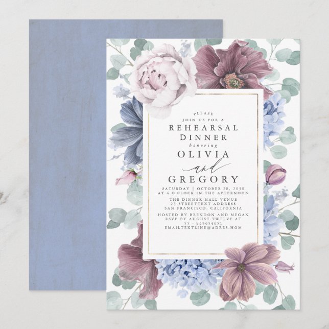 Invitación Cena de las flores azules malvas y polvorientas (Anverso / Reverso)