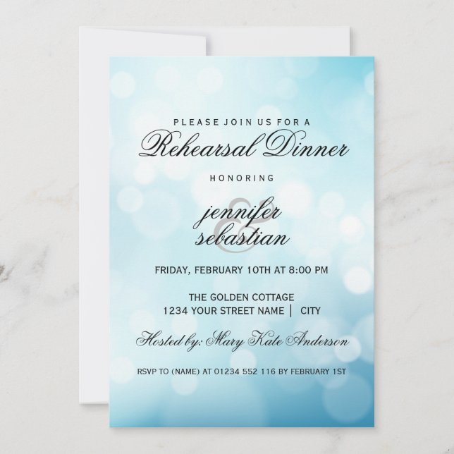 Invitación Cena de Lujo Blue Bokeh Light Moda (Anverso)