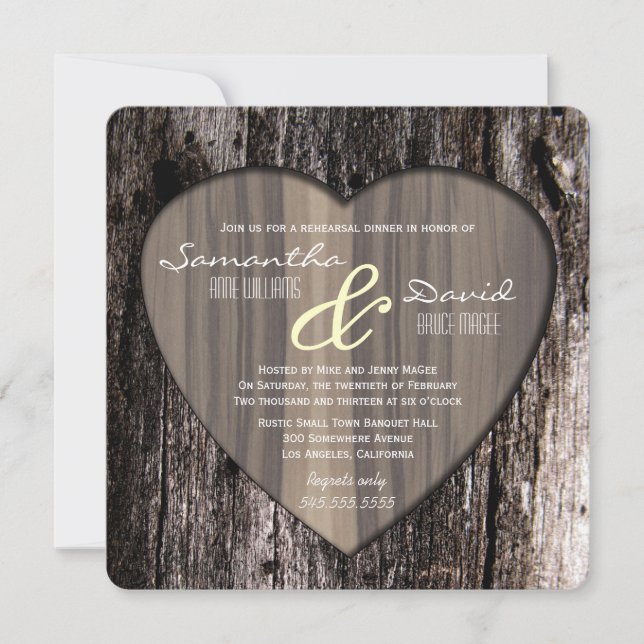 Invitación Cena de madera rústica del ensayo del corazón de (Anverso)