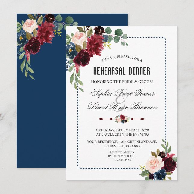 Invitación Cena de marco floral azul de la Marina de Borgoña (Anverso / Reverso)