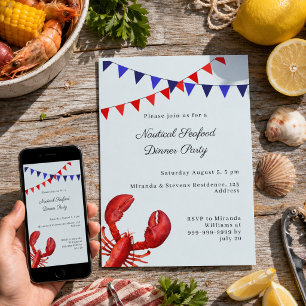 Invitación Cena de mariscos, fiesta de verano, náutica