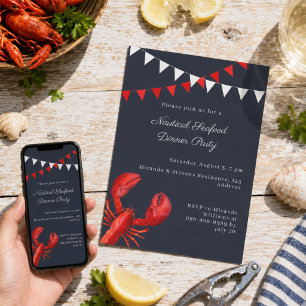 Invitación Cena de mariscos, fiesta de verano, náutica