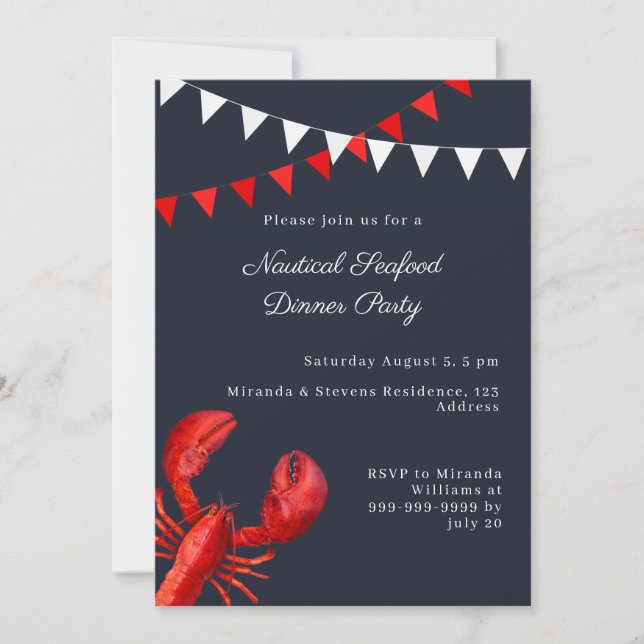 Invitación Cena de mariscos, fiesta de verano, náutica (Anverso)