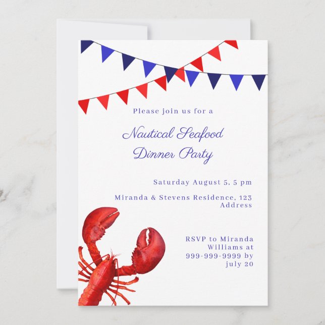 Invitación Cena de mariscos náuticos, fiesta de verano (Anverso)
