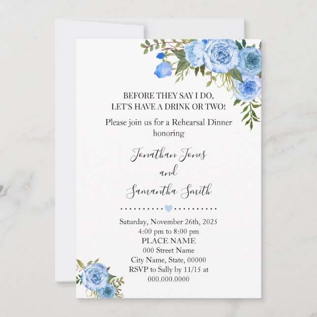 Invitación Cena de moda de boho floral azul romántico (Anverso)