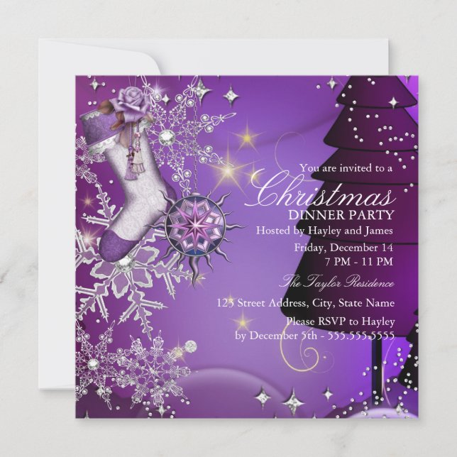 Invitación Cena de Navidad con copo de nieve de cristal morad (Anverso)