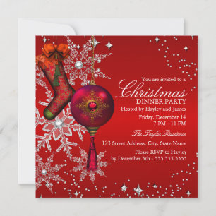 Invitación Cena de Navidad con Copo de Nieve de Cristal Rojo