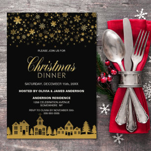 Invitación Cena de Navidad con Copos de Nieve Dorados Negros