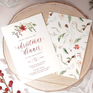 Invitación Cena de Navidad con elegante letra a acuarela