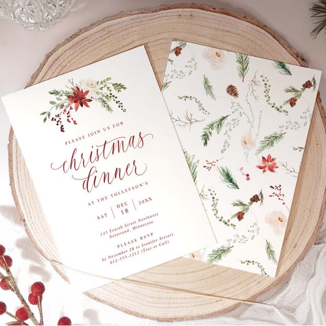 Invitación Cena de Navidad con elegante letra a acuarela (Elegant Christmas dinner invitation with watercolor greenery and calligraphy script.)