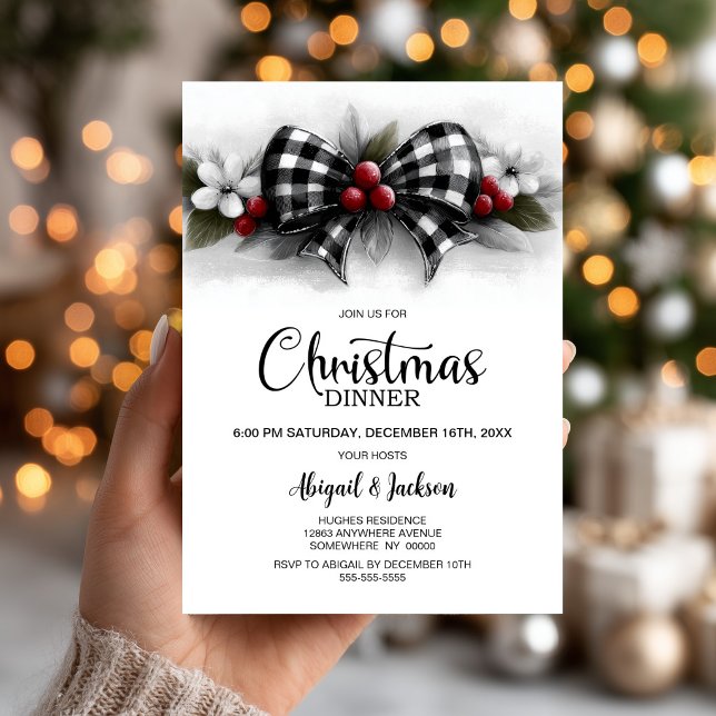 Invitación Cena de Navidad con Lazo de Cuadro de Búfalo (Subido por el creador)