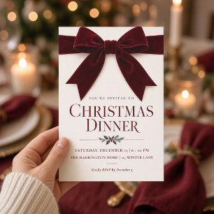 Invitación Cena de Navidad con lazo de terciopelo borgoña