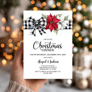 Invitación Cena de Navidad con Plaid Búfalo y Poinsettia