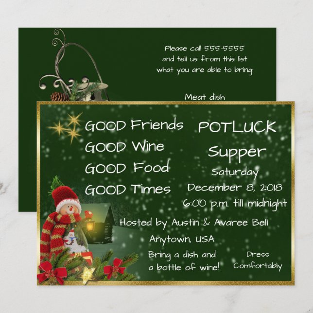 Invitación Cena de Navidad con platos para compartir (Anverso / Reverso)