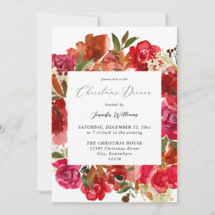 Invitación Cena de Navidad con Rosa Roja y Floral Rosa 1