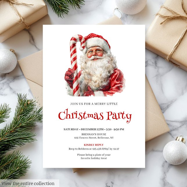 Invitación Cena de Navidad con Santa Acuarela Tradicional  (Traditional Santa Watercolor Christmas Dinner Invite)