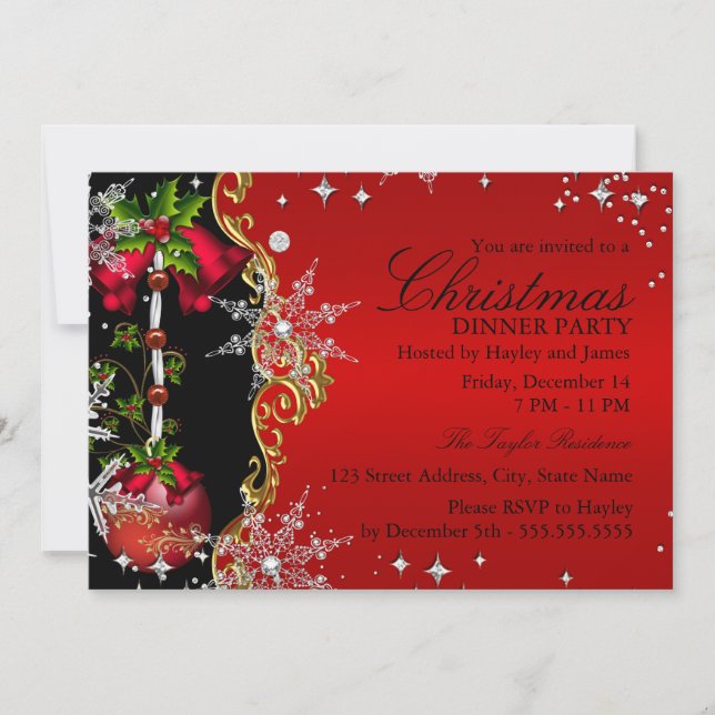 Invitación Cena de Navidad de copo de nieve dorado verde rojo (Anverso)