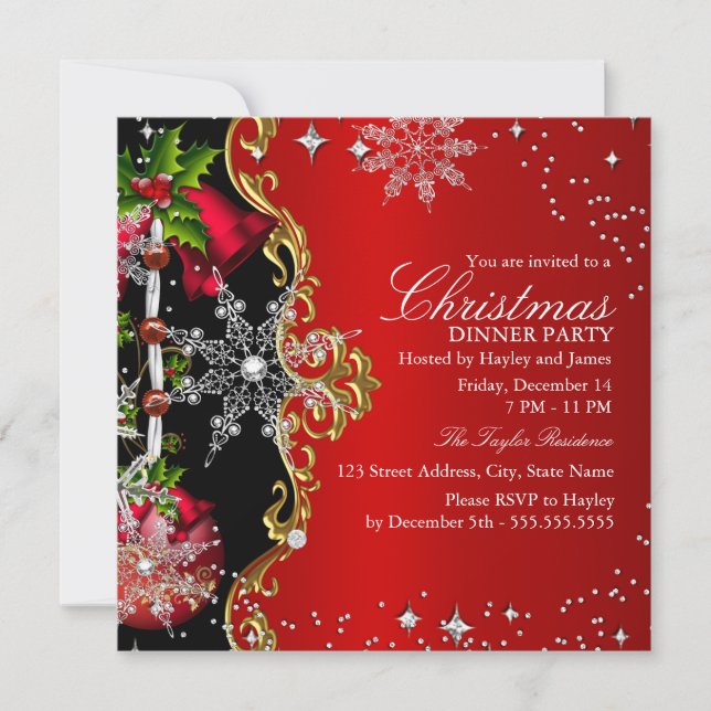 Invitación Cena de Navidad de copo de nieve negro verde rojo  (Anverso)